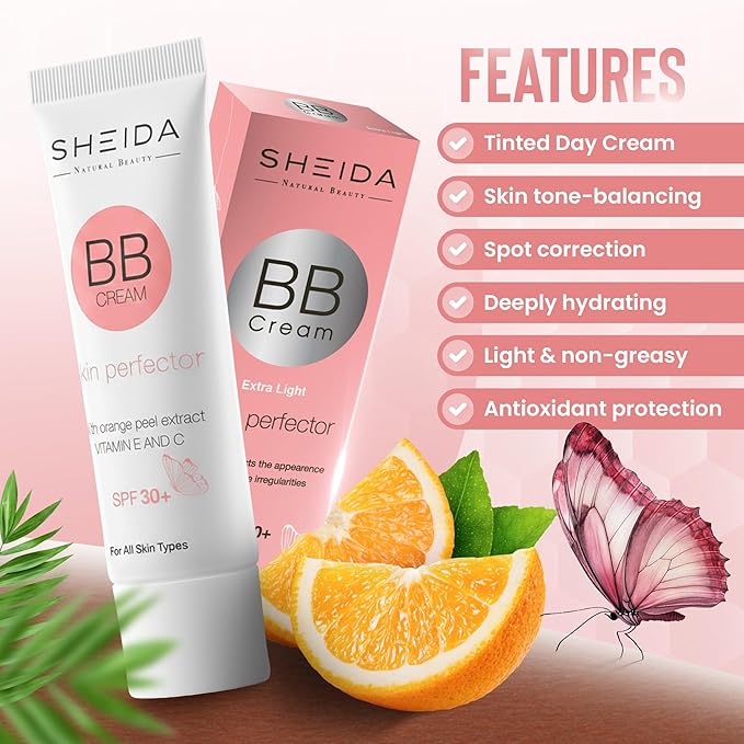 Sheida BB Cream with SPF 30+, Hydrating Daily Tinted Day Cream, Natural Finish, Buildable Light Coverage, 24h Moisture, Vitamin C & E for Even Skin Tone and Radiant Look – 50 ml (Dark)