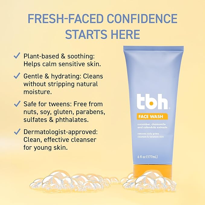 TBH Kids Gentle Gel Face Wash – Hydrating Daily Cleanser for Preteens & Teens – Soothing Chamomile & Calendula for Sensitive, Dry & Oily Skin – Sulfate & Paraben-Free – 6 oz