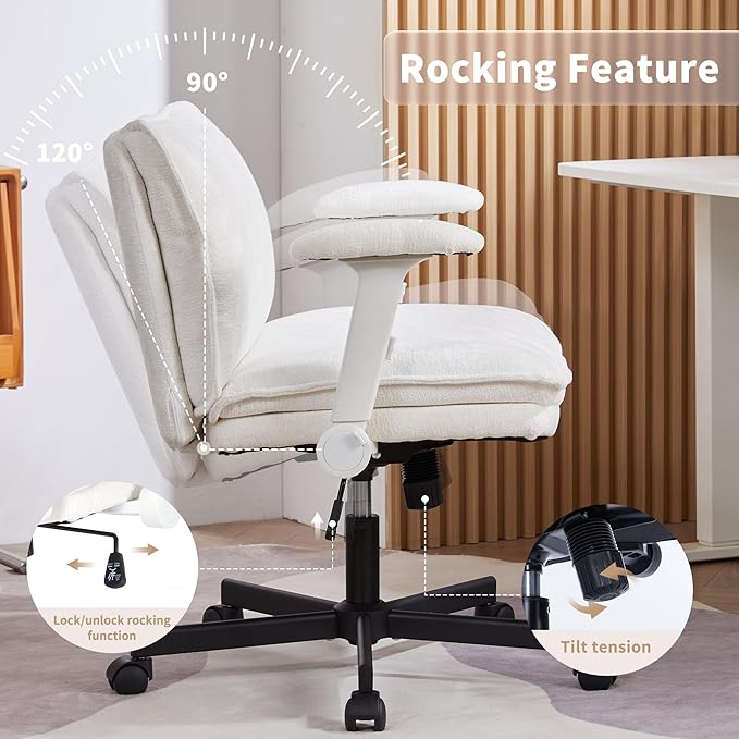 Cross Legged Office Chair, Height Adjustable Swivel Desk Chair with Flip-Up Arms, Padded Criss Cross Chair for Home Office & Bedroom