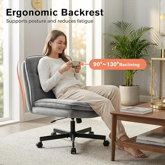 GTPLAYER Cross Legged Office Chair, Armless Desk Chair Cute Vanity Chair with Wheels Computer Chair Comfy Wide Office Chair Adjustable Swivel for Home Computer Task,Soft Velvet, Grey
