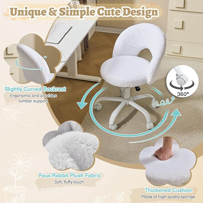 VINGLI Small Vanity Chair with Faux Fur Wheels for Girls,Cute Adjustable Height Armless Office Desk Chair,360°Swivel Comfy Rolling for Study,Make up Room,Small Space,White