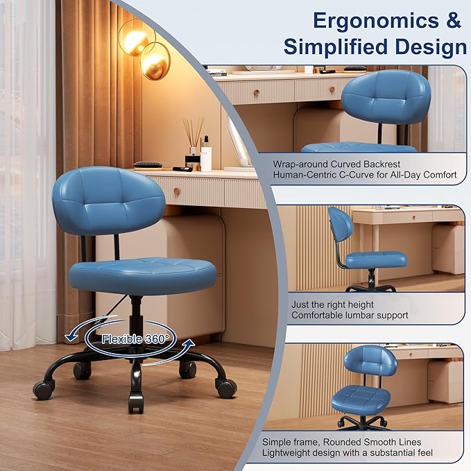 Misolant Vanity Chair with Back, Small Armless Cute Office Chair with Wheels and Lumbar Support, Comfy PU Leather Desk Computer Chairs with Adjustable Height, 360°Swivel for Home Bedroom, Navy Blue