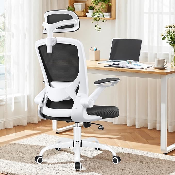 Office Chair Ergonomic Desk Chair, Breathable Mesh Office Chairs with Adjustable Lumbar Support, Flip-Up Arms, Computer Desk Chair Comfy for Home Office, White