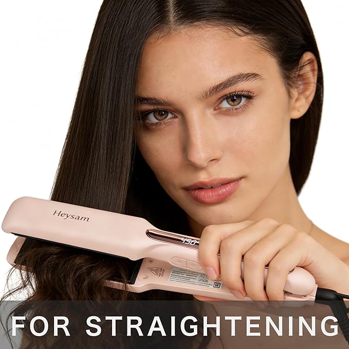 Heysam Flat Iron Hair Straightener and Curler 2 in 1, Travel Portable Dual Voltage Hair Irons for Thick Hair, Wide Ionic Straightener 1.6-Inch, 30S Fast Heating, LCD Display, Smooth & Frizzy, Pink