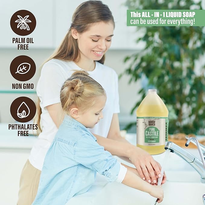 BAMBOO AND BIRCH Pure Castile Soap Liquid, Certified Palm Oil Free Natural Soap, Peppermint, 64 oz