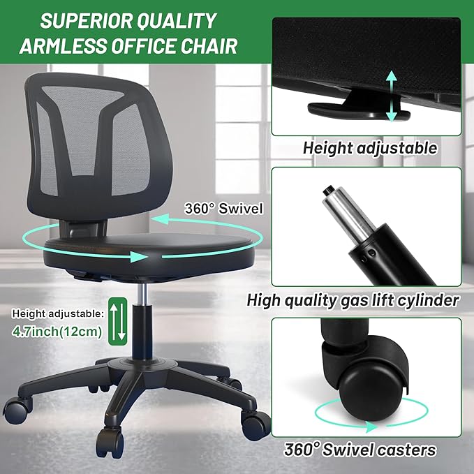 Swivel Armless Desk Office Chair Without Arms Adjustable Height and Lumbar Support for Home