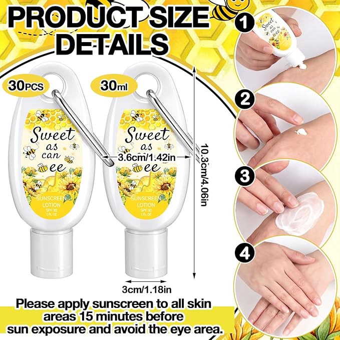 Leelosp 30 Pcs Mini Sunscreen with Carabiner Bulk Travel Size 1 Fl oz Water Resistant Spf 30 Sunblock Lotion Party Favors for Guests Bee Baby Shower Honeycomb Sweet As Can Bee Gender Reveal Gifts