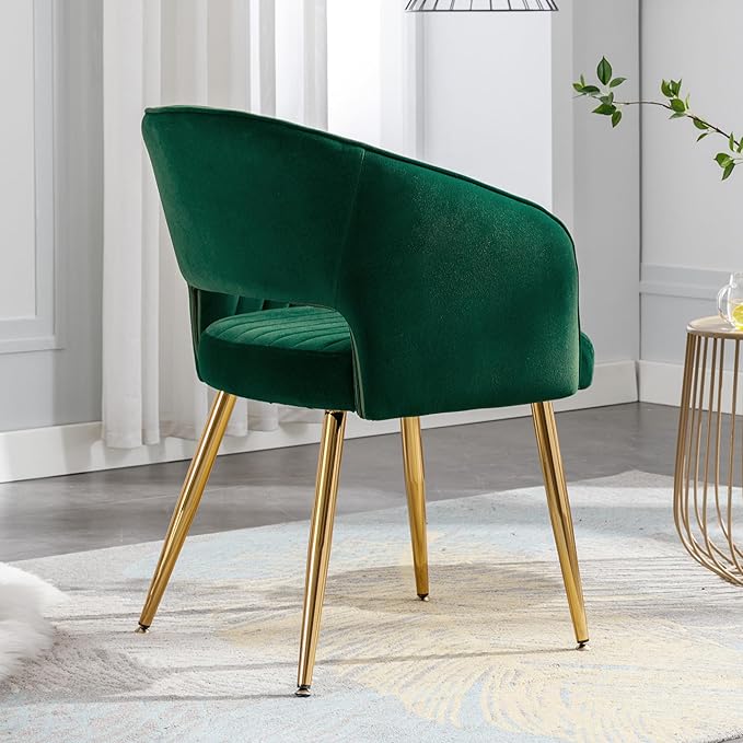 Home Office Chair Velvet Desk Chair Accent Armchair Upholstered Modern Tufted Chairs with Gold Legs for Girls Women Ergonomic Study Seat Computer Task Stools for Living Room(Green)