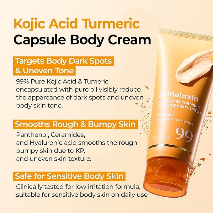 Dr.Melaxin Kojic Acid Turmeric Capsule Body Cream, Brightening Body Moisturizer for Dark Spots and Uneven Skin Tone, with Ceramides & Hyaluronic Acid, 200g