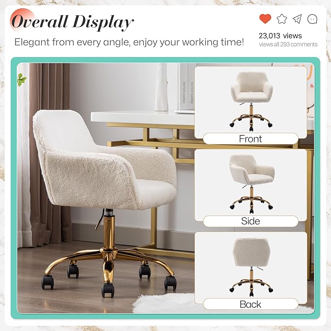 Faux Fur 360°Swivel Desk Chair, Modern Height Adjustable Home Office Armchair with Golden Base for Teens Women Girls, Upholstery Computer Chair for Home Studios, Sherpa & White