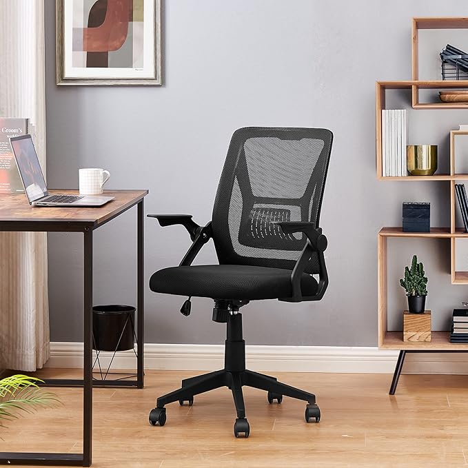 VECELO Mid-Back Swivel Ergonomic Office Chair with Adjustable Arms, Mesh Lumbar Support for Computer Task Work, Black