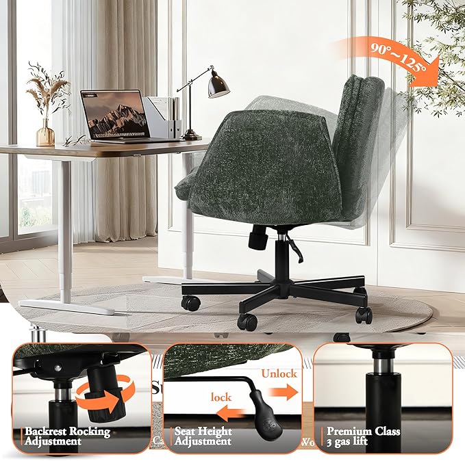 Criss Cross Chair with Wheels & Arms, Chenille Cross Legged Office Chair with 5-level Folding Armrest, Comfortable Adjustable Swivel Vanity Chair for Home, Make Up, Bed Room, Office, Accent (Green)