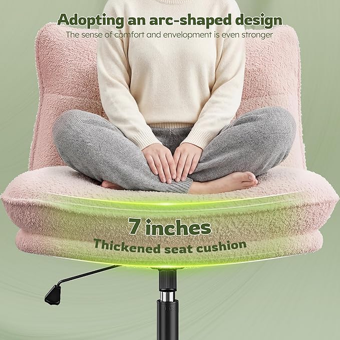 Criss Cross Chair with Wheels, 7" Extra Thick Cross Legged Office Chair, Height Adjustable Swivel Design for Home Office, Study & Vanity,Pink