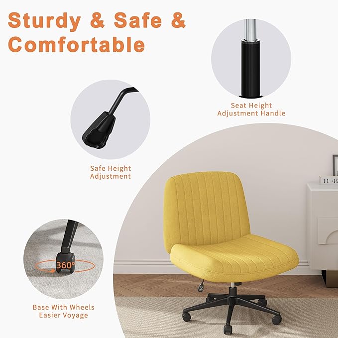 Shintenchi Criss Cross Chair,Cross Legged Office Seat with Wheels Armless Swivel Vanity Chair,Height Adjustable Wide Computer Task Seating for Home Office,Yellow ﻿