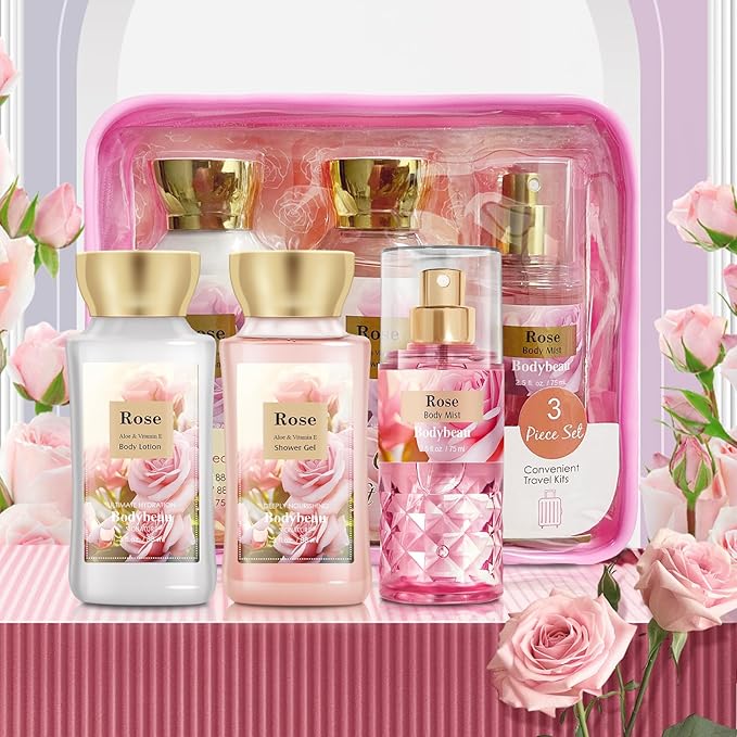 Bath and Body Gift Set for Women and Girls,Rose 3PCS Set - Shower Gel,Body Lotion,Body Mist,Personal Portable Body Care Travel Set,Home Spa Set for Birthday Mother's Day Gifts for Her