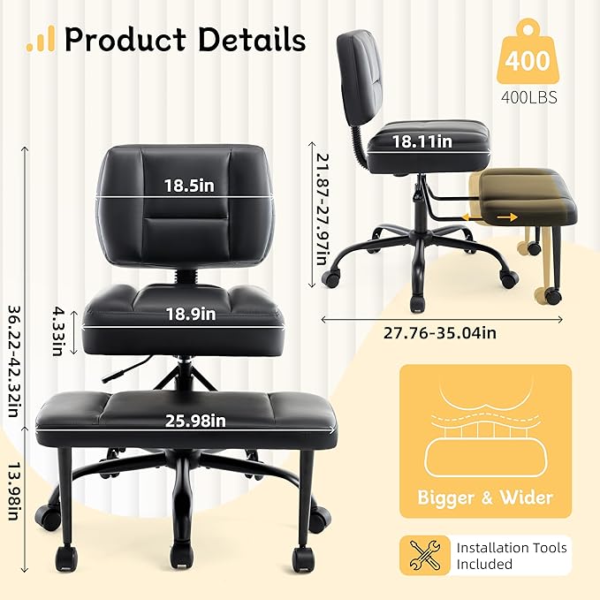 Criss Cross Legged Office Chair with Wheels,Swivel Meditation Chair for ADHD,Ergonomic Cross Legged Desk Chair with Thicken Adjustable Footstool,PU Sitting Fidgeting Kneeling Chair for Home Yoga Black