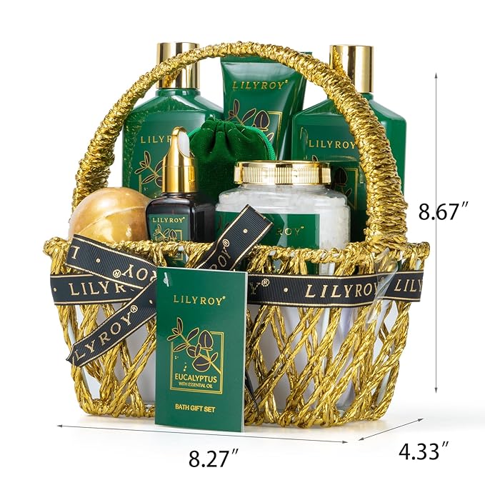 Spa Gift Basket for Mothers Day Gifts - 9 Pieces Premium Eucalyptus Bath & Body Care Kit for Women & Men, Holiday Gift for Valentines Day, Christmas, Fathers Day, Birthday with Shower Gel