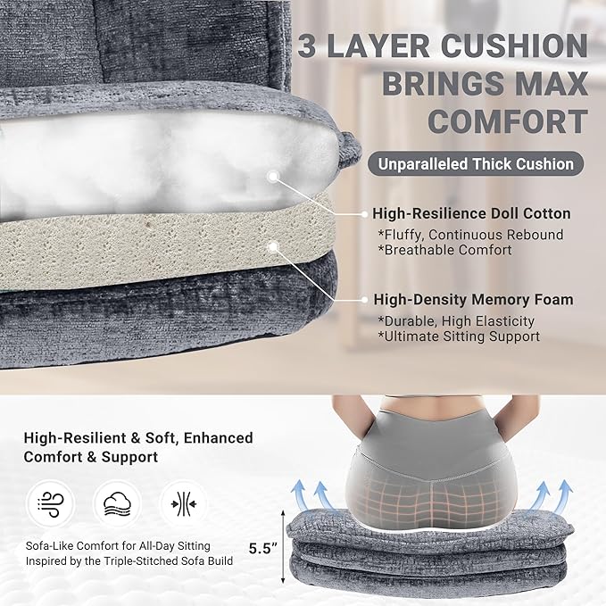 Criss Cross Chair with Wheels and Flip Arms, Upholstered Cross Legged Office Chair with 3 Layer Cushions&Dynamic Airbag Lumbar Support, Wide Seat Comfy Desk Chair for Home Office, Living Room, Grey
