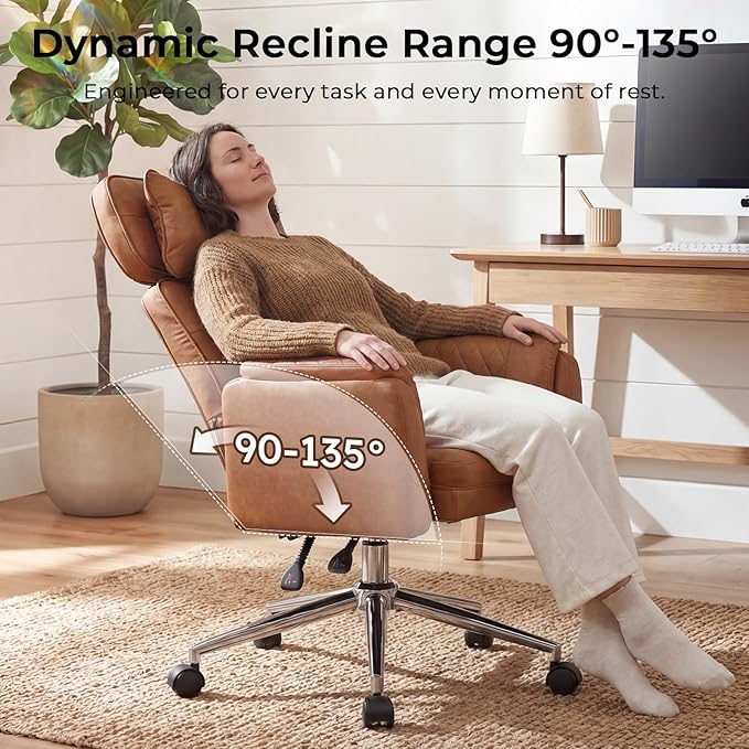 Big and Tall Office Chair - Criss Cross Leather High Back Executive Office Chair with Armrests & Wheels, Ergonomic Computer Gaming Desk Chair for Home, Makeup Vanity & Bedroom, Brown, 49.6”H×22”W