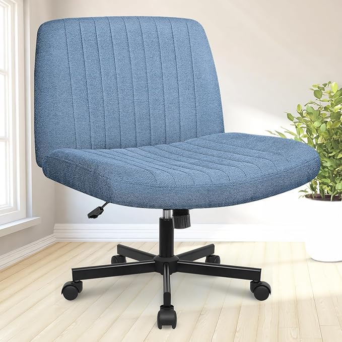 NEO Chair Criss Cross Chair with Wheels Home Office Cross Legged Armless Chairs Ergonomic Adjustable Computer Desk Task Wide Seat for Bedroom Vanity Comfy Swivel (Blue)