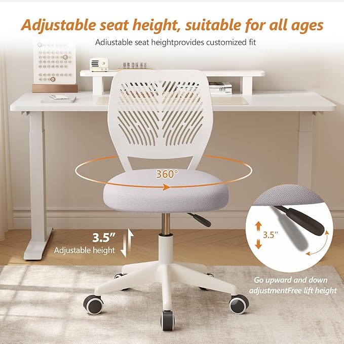 Small Desk Chair Armless Task Chair with Soft Padded Cushion Height Adjustable Swivel Rolling Comfortable Study Computer Chair for Kids Girls Boys Teens
