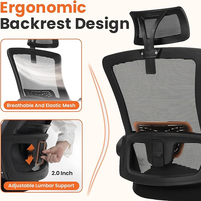 NEO Chair Ergonomic Office Desk Chair High Back Computer Gaming Mesh Chair with Comfy Task Adjustable Arms Lumbar Support Headrest Swivel for Home Office (Black)