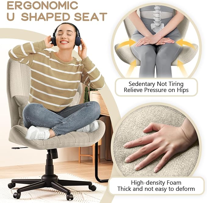 Criss Cross Chair with Wheels, Wide Cross Legged Office Chair Armless Comfy Desk Chair with Tall Back Vanity Chairs with Stress Relief Curved Design Seat for Bedroom & Office & Home Oatmeal