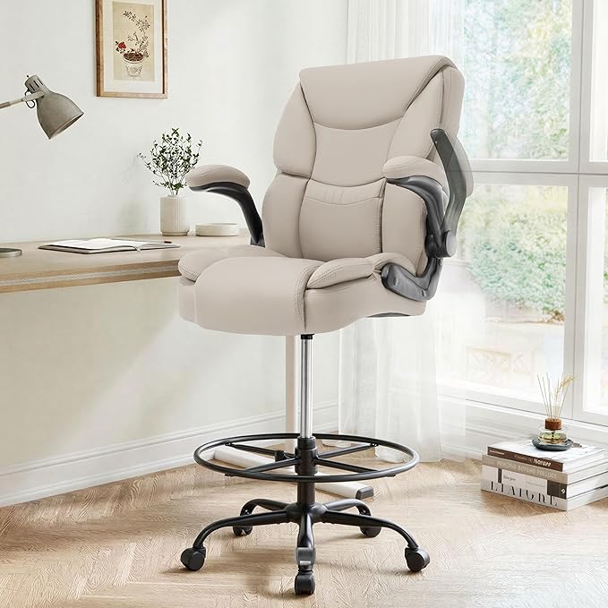 Ergonomic Drafting Chair, Tall Office Chair for Standing Desk, High Back Standing Desk Chair with Flip-Up Armrest, Adjustable Height&Foot Ring, Executive PU Leather Extended Height Office Chairs,Beige