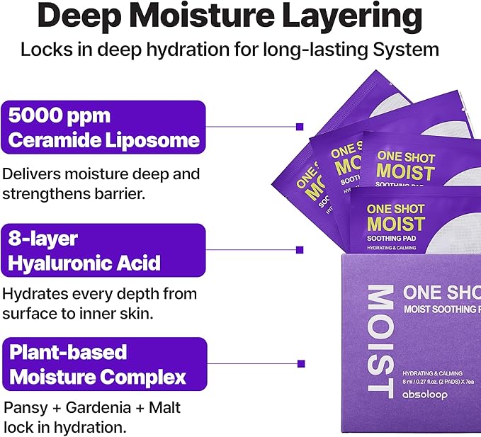 One Shot Moist Soothing Pad - 8ml, Dual-Texture Toner Pad, Ceramide & Hyaluronic Acid, Patented Soothing Agents, Portable 7-Sheet Pack