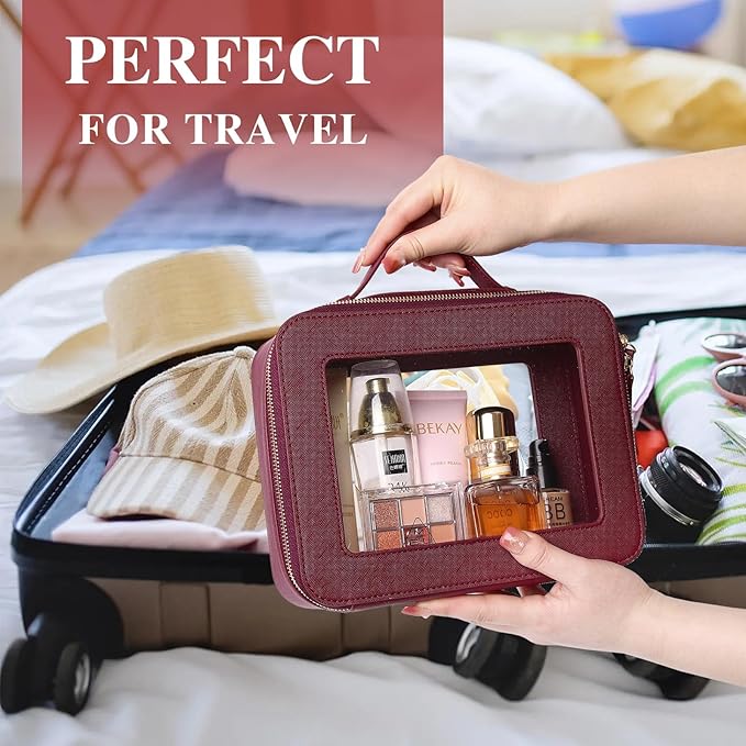 Pinkmik Clear Makeup Bag Waterproof Travel Case for Cosmetics and Toiletries Women's Makeup Organizer and Car Bag with Zipper (X/Burgundy, L)