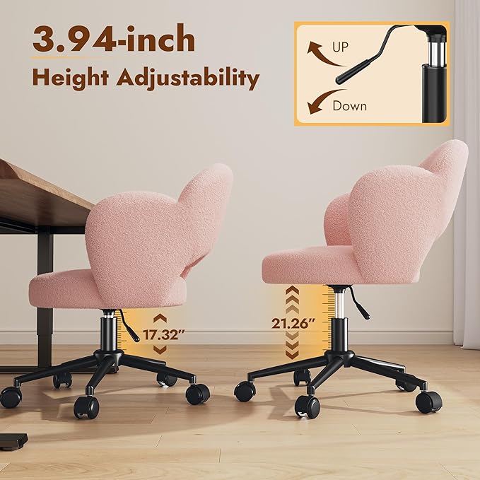 Petal Vanity Chair with Wheels, Cute Desk Chair with Back, Height Adjustable & Lumbar Support, Small Office Chair for Study, Makeup & Relaxation, Pink