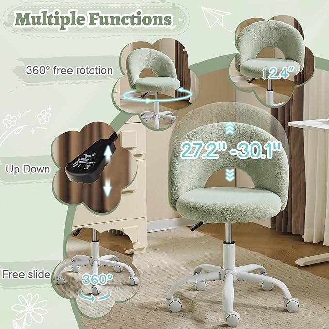 VINGLI Small Vanity Chair with Faux Fur Wheels for Girls,Cute Adjustable Height Armless Office Desk Chair,360°Swivel Comfy Rolling for Study,Make up Room,Small Space,Mint Green