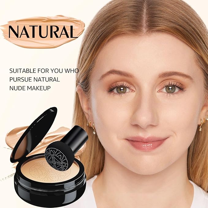 Mushroom Head Air Cushion CC Cream for Older Women, Medium Coverage Lightweight Up To 24H Wear Intense Moisture, Self Adjusting for Mature Skin, Vegan Formula (Natural)