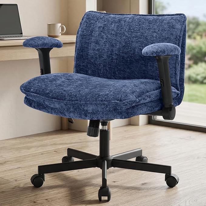 Cross Legged Office Chair, Height Adjustable Swivel Desk Chair with Flip-Up Arms, Padded Criss Cross Chair for Home Office & Bedroom