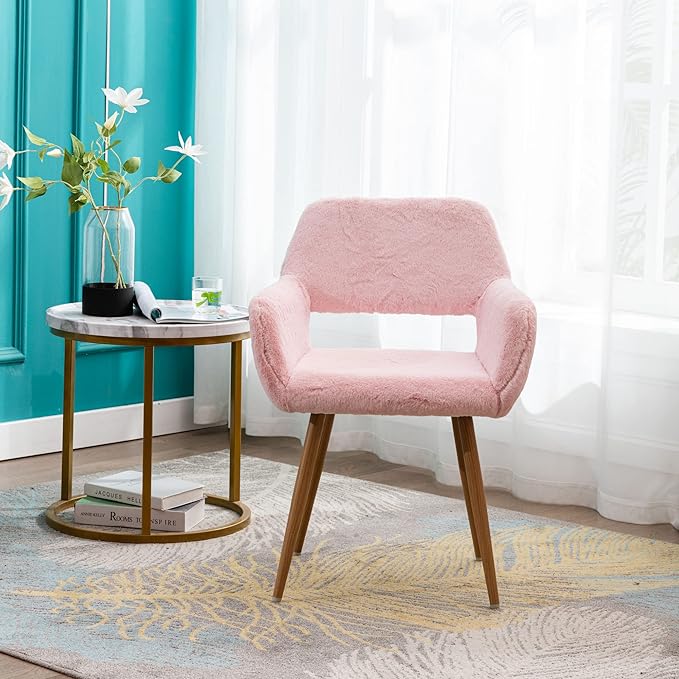 KCC Furry Desk Chair Set of 2, Mid-Century Modern Accent Faux Fur Chair for Teen Girls, Comfy Armchair with Wood Look Metal Legs for Living Room, Home Vanity Makeup Office Desk Chairs No Wheel, Pink