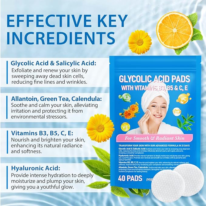 Glycolic Acid Pads for Face with Vitamins B3,B5,C & E, Green Tea, Calendula, Allantoin, Exfoliates Surface Skin and Reduces Fine Lines and Wrinkles-40pcs