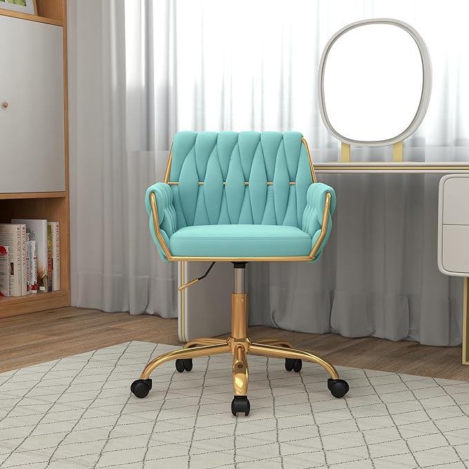 Velvet Modern Home Office Vanity Chair, 360° Swivel Adjustable Height Makeup Desk Chair with Golden Base and Hand Woven Backrest for Bedroom/Study/Vanity (Teal)