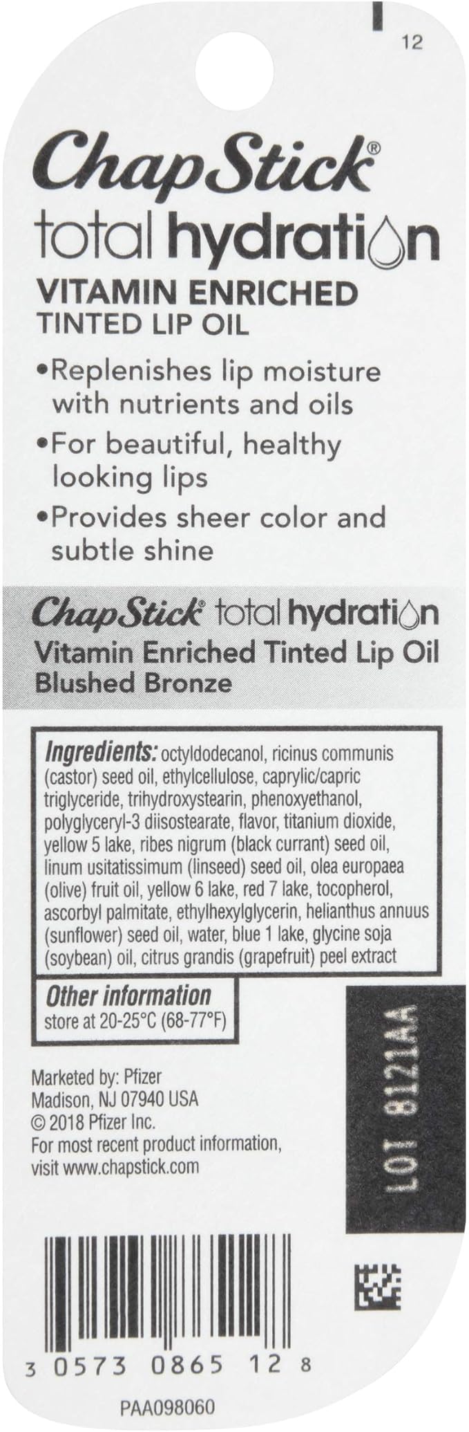 ChapStick Total Hydration Vitamin Enriched Tinted Lip Oil (Blushed Bronze, 1 Tube), Vitamin C, Vitamin E, Contains Omega 3 6 9, 0.24 Ounce