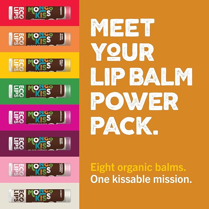 Mongo Kiss USDA Organic Lip Balm Set 8-pack (0.15 oz. each) with Mongongo Oil & Cocoa Butter to Moisturize Chapped Lips | Made in USA by Eco Lips (Variety)