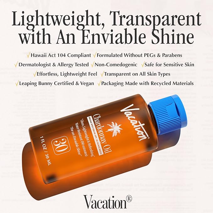 Vacation Mini Chardonnay Oil SPF 30, Hydrating & Nourishing Sunscreen Oil, Lightweight, Transparent on All Skin Tones, Water-Resistant, Travel Size Sunscreen, 1 Fl. Oz. (Value Pack of 6)