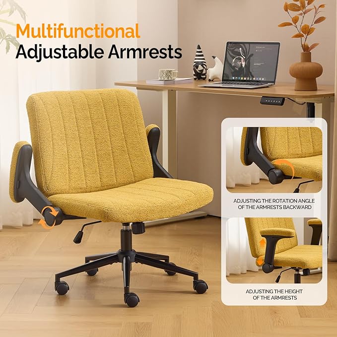 VINGLI Criss Cross Chair with Adjustable Flip-Up Arms,Cross Legged Chair with Wheels,Extra Wide Office Chair,Desk Chair for Home Office,Vanity,Bedroom, Apartment,Starry Chenille,Pale Yellow
