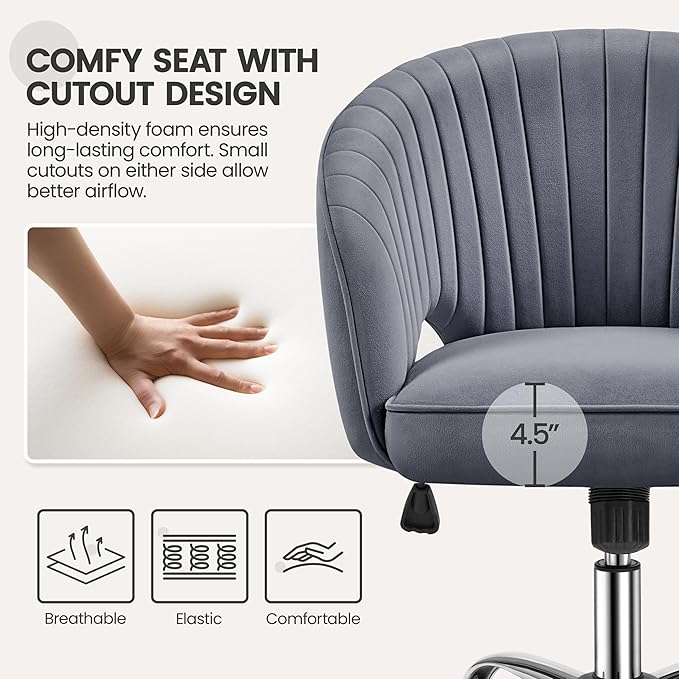 Yaheetech Home Office Chair Velvet Desk Chair, Upholstered Modern Swivel Chair with Tufted Barrel Back, Rolling Wheels for Office, Study, Vanity, Bedroom Dark Gray