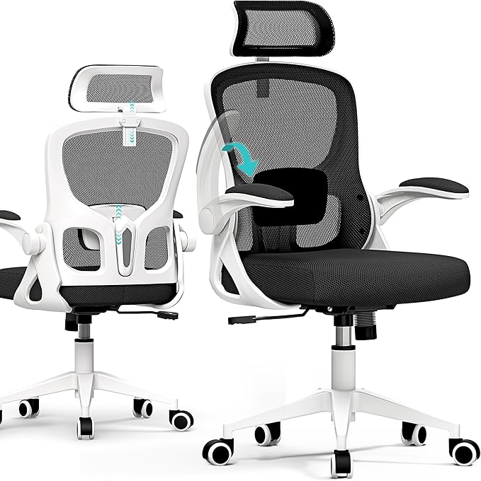 Ergonomic Office Chair, Mesh Desk Chair with Adjustable Headrest & Lumbar Support, Rolling Computer Chair with Flip-up Armrests, Comfy Swivel Home Office Chair for Long Hours - White