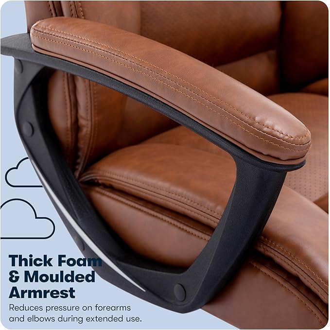 Serta Connor Executive Office Chair, Ergonomic Computer Chair with Layered Body Pillows, Contoured Lumbar, Adjustable Seat Height, Bonded Leather, Cognac