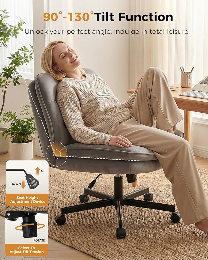 COMHOMA Criss Cross Office Chair with Wheels Armless Desk Chair Comfy, Modern Vanity Chair for Home Bedroom, Comfortable Wide Seat for Lower Back Pain Relief, Soft Velvet, Gray