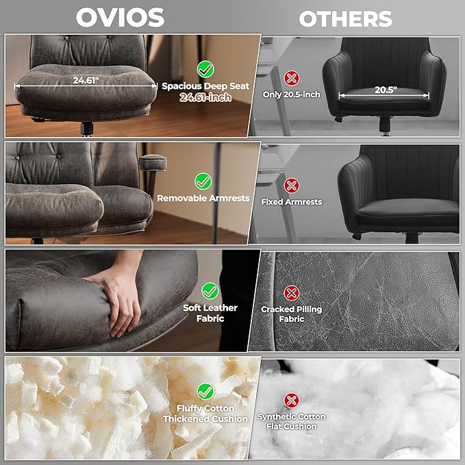 ovios Ergonomic Office Chair, High Back Faux Leather Executive Chairs with Thick Cushion, Comfy Mid-Century Modern Swivel Rolling Computer Armchair (Dark Grey, Suede Leather)