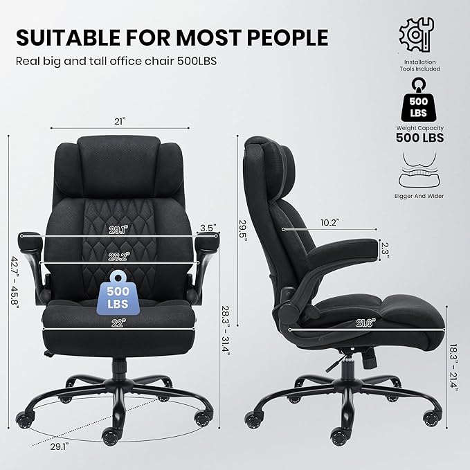 500lbs Big and Tall Office Chair Adjustable Lumbar Support for Back Pain, Extra Wide Seat Executive Office Chair Thick Armrest Pad, Heavy Duty Base&Upgraded Wheels, Ergonomic Comfy Computer Desk Chair