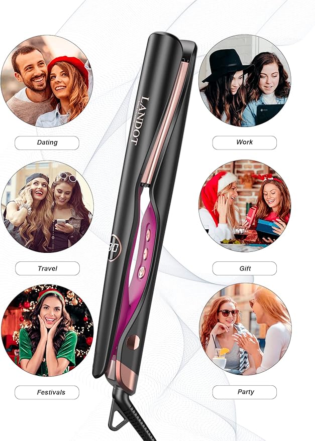 LANDOT 2-in-1 Hair Straightener Curling Iron - Twist Floating Plates for Curl & Straight, Anti-Frizz & Tangle-Free, Dual Voltage Adjustable Temp 250-450°F for All Hair Types