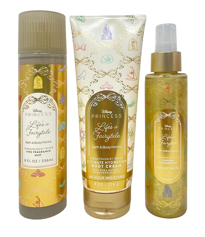 Bath & Body Works Limited Edition Princess Collection Life's a Fairytale Fine Fragrance Mist, Ultimate Hydration Body Cream and Diamond Shimmer Mist with a Peach Gardenia Bar Soap
