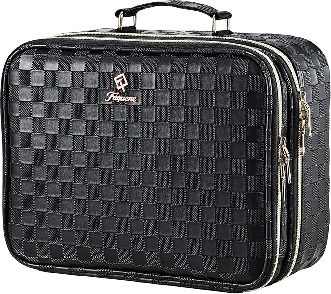 Makeup Bag with LED Lighted Mirror 12.2 IN Cosmetic Train Case Double Layer Makeup Case Adjustable Brightness in 3 Colors Cosmetic Organizer Artist Storage with Brush Holder Vanity Black Checkerboard